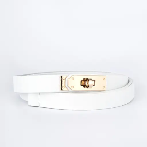 Ремень женский белый кожаный узкий JK-2031 с золотой пряжкой (110 см) - фото 1