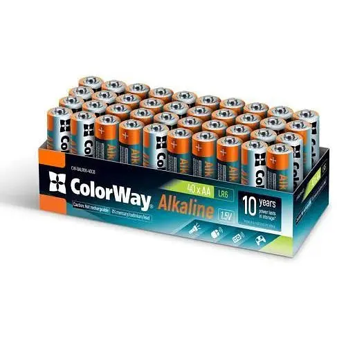 Батарейка AA (LR6), щелочная, ColorWay Alkaline Power, 40 шт, 1.5V, Color box (CW-BALR06-40CB) - фото 1