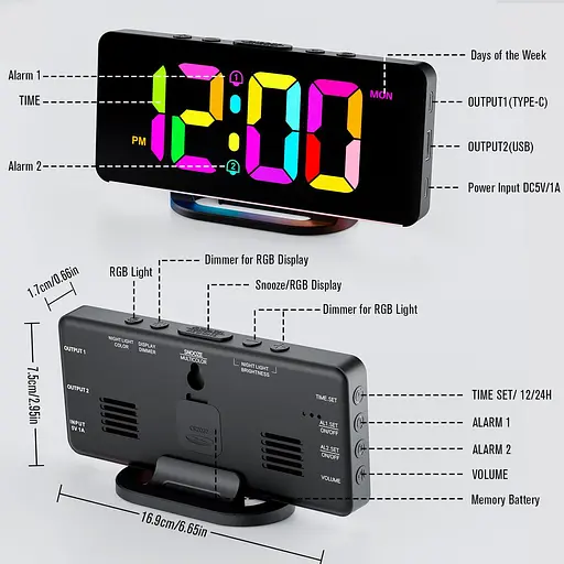 Будильник із живленням від мережі з нічним світлом RGB з Europlug - фото 4