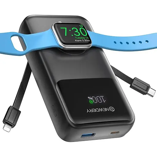 Портативное зарядное устройство NEWDERY 2000 мАч для Apple Watch, блок питания со встроенными кабелями, PD 20 Вт быстрая зарядка