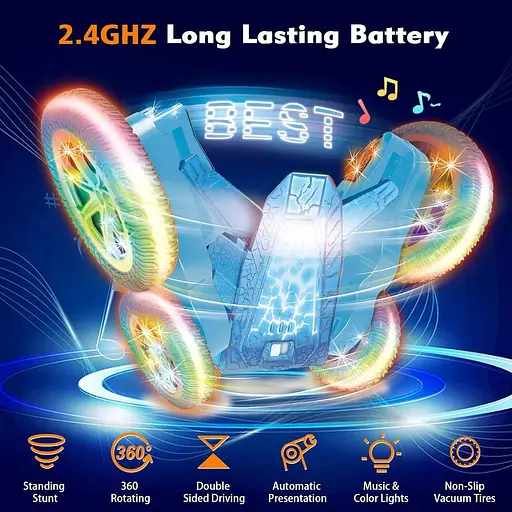 Автомобіль з дистанційним керуванням Ykgutilu, що обертається на 360° RC Stunt Car зі світлодіодним підсвічуванням та музикою - фото 4