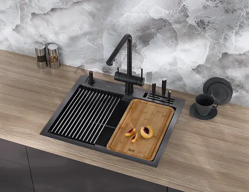 Кухонна мийка чорна з нержавіючої сталі з PVD покриттям мультифункціональна Nett NB-5747, Чорний - фото 5