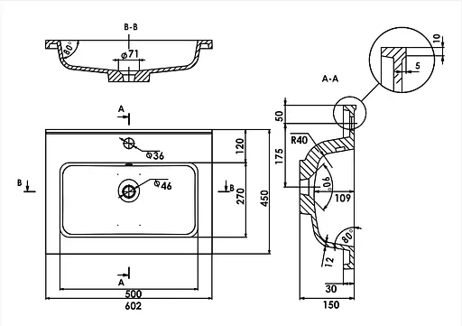 Раковина глянцева врізна Amidicon Rodeo 60 600x450 з литого каменю RODEO_60_HL, Білий - фото 6