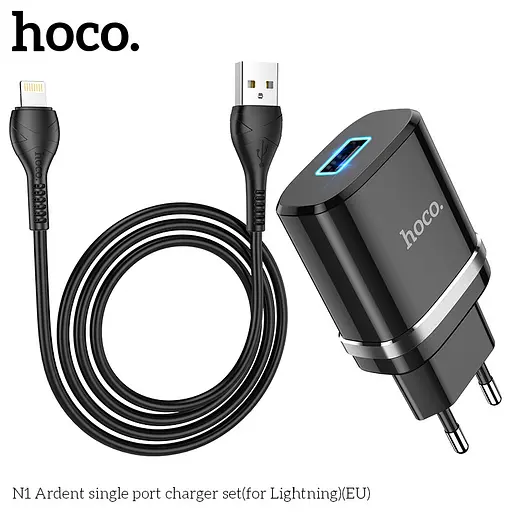 Блок-адаптер питания с подсветкой HOCO N1 Ardent charger set набор с кабелем Lightning черный - фото 6