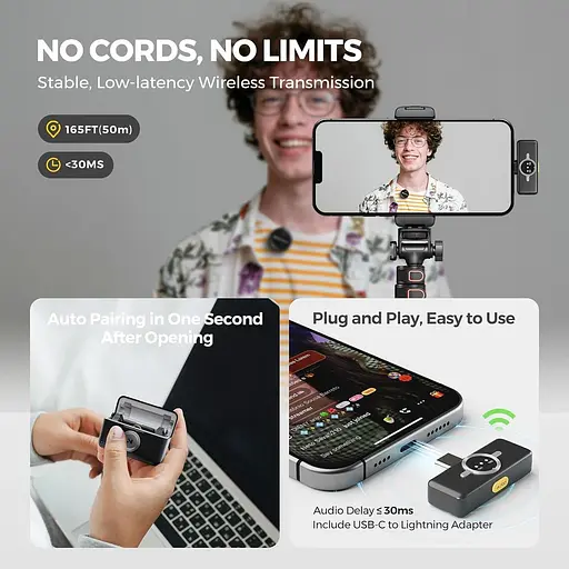 Бездротовий мікрофон Lavalier для iPhone/Android з Lightning/USB-C Plug-Play, шумозаглушення - фото 6