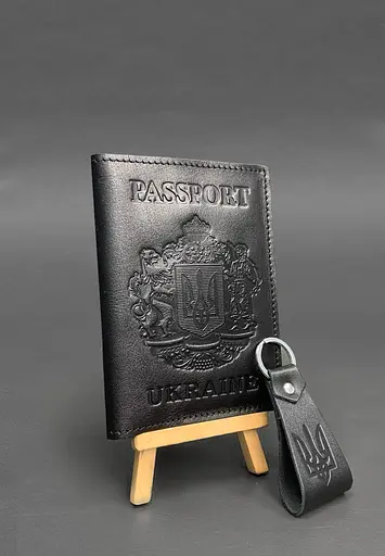 Подарочный набор кожаных аксессуаров с украинской символикой черный краст - фото 1