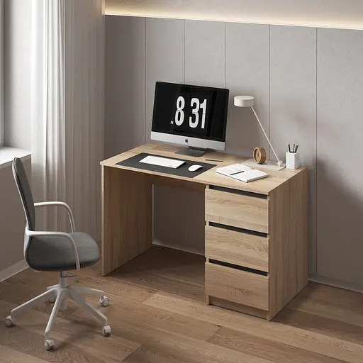 Комп'ютерний стіл Vays, письмовий, сучасний, з тумбою справа, 3 шухляды з фасадами без ручок R-1 Дуб Сонома-Антрацит планки