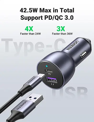 Автозарядка 2xUSB 36W USB-C+USB-A QC 3.0+ Косм. Серая CD213 UGREEN - фото 5
