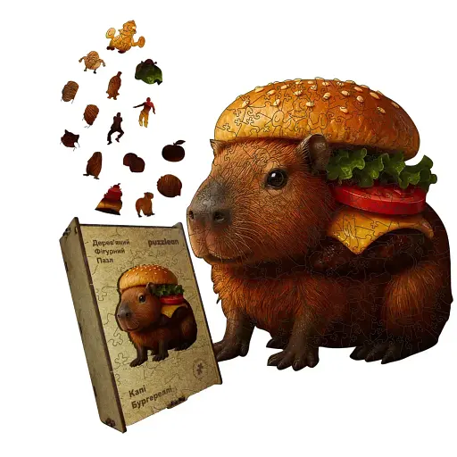 Деревянный пазл Капибургер, А4, Картонная коробка 100 элементов.