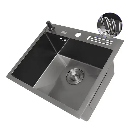 Кухонная мойка черная 45 см накладная 1.5 мм из нержавеющей стали Nett NВ-5245, Черный - фото 2