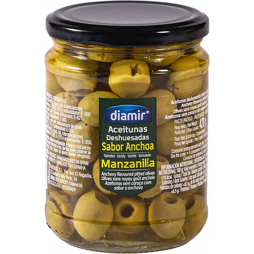 Оливки зеленые Diamir без косточки Аромат анчоуса Manzanilla 420 г - фото 1