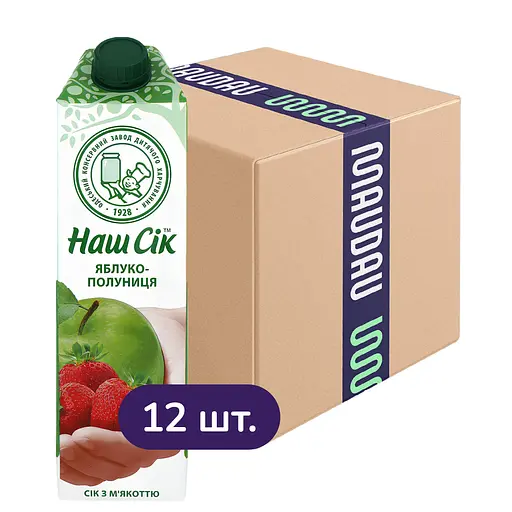 Упаковка сока Наш Сік Яблочно-клубничный с мякотью 11.4 л (950 мл х 12 шт.) - фото 1
