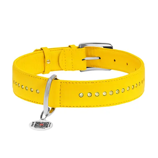 Ошейник для собак кожаный Waudog Glamour с QR-паспортом двойной со стразами Ш 35 мм Д 46-60 см желтый - фото 3
