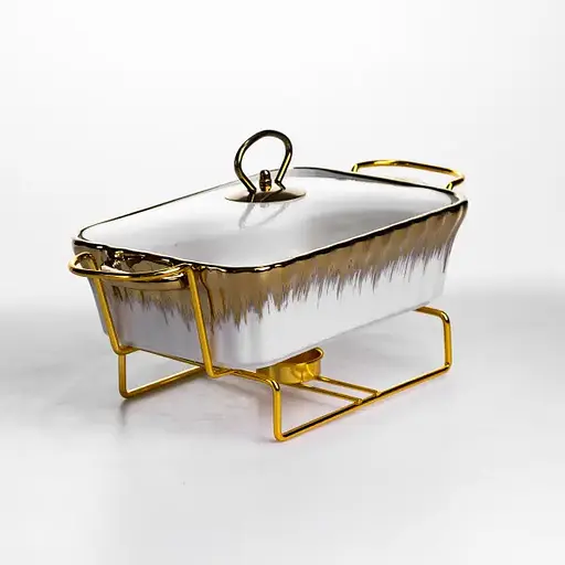 Мармитница фарфоровая Yiwu 1 л прямоугольная со стеклянной крышкой 31х16х11 см мармит на подставке для первых блюд ML525-11 - фото 4