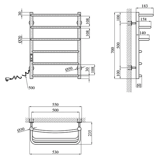 Полотенцесушитель электрический Kroner KRP Prima EL700x500-6 (CV036334) - фото 6
