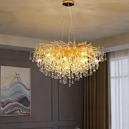 Люстра в круглом золотом корпусе со стеклянными подвесами 80 см Line F Арт. 705-800 GD+CL - фото 1