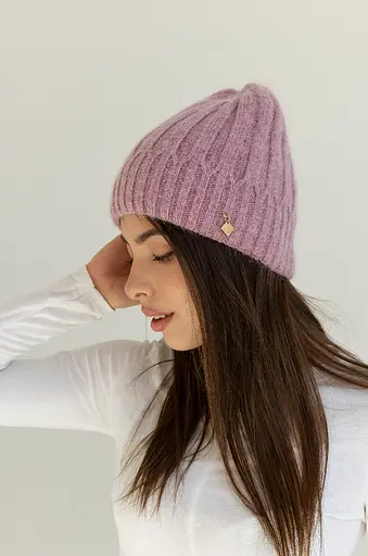 Теплая женская шапка Ангора Рейчел двухслойная с брошью Розовый - фото 2