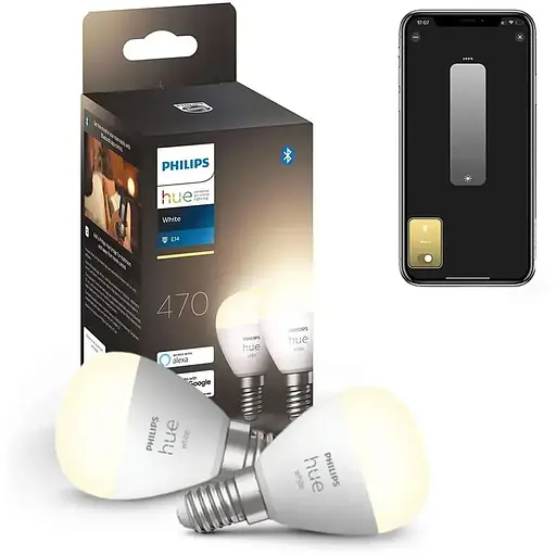 Розумні LED лампочки Philips Hue E14 White P45 470лм 40Вт 5.7W, ZigBee, Bluetooth, Apple HomeKit, 2 шт