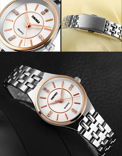 Женские классические часы Skmei 1133 (Серебристые со вставками из розового золота) - фото 6