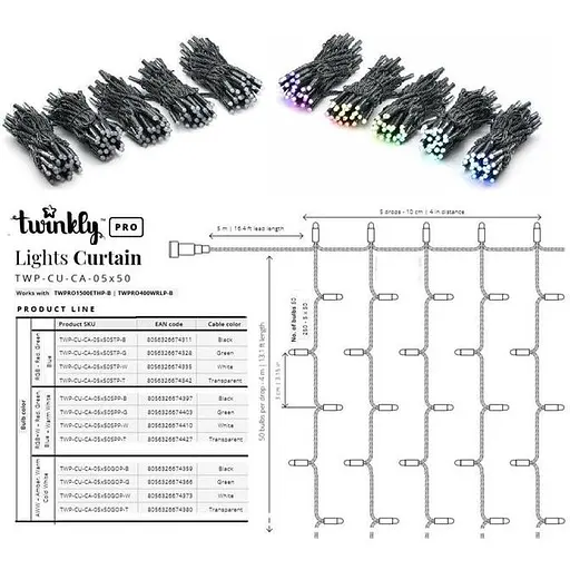 Гірлянда Twinkly Smart LED Pro Curtain RGB250 AWG22 (TWP-CU-CA-05X50STP-B) - фото 5