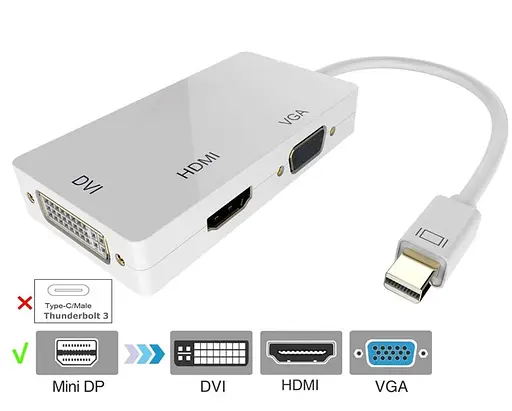 Перехідник-конвертер mini Display Port (тато) на HDMI/VGA/DVI (мама) 30cm, 4K/2K