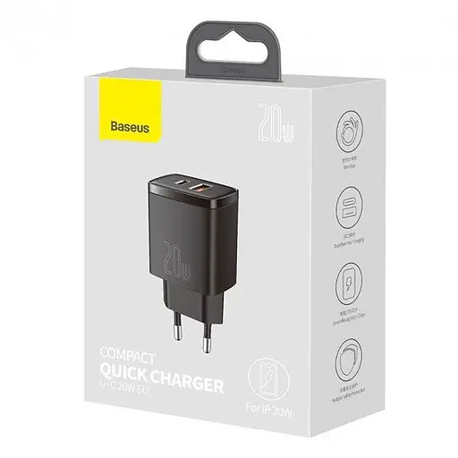 Мережевий зарядний пристрій Baseus Compact Quick Charger U + C 20W EU Чорний - фото 3