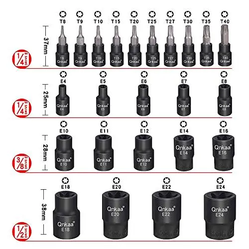 Набір торцевих головок Torx Female E-Torx, 24 шт. | 10 шт. торцевих головок Star (T8-T40) і 14 шт. торцевих головок E-Torx Female - фото 4