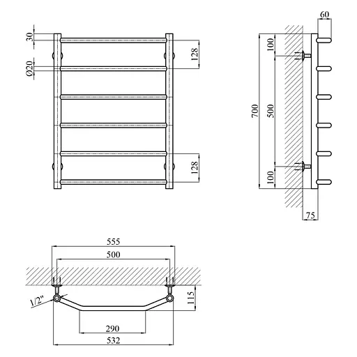 Полотенцесушитель водяной Kroner KRP Diva WT700x500-6 (CV036304) - фото 5