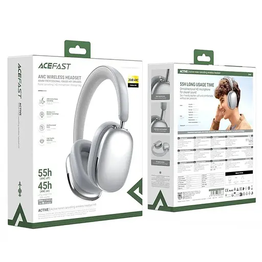Навушники бездротові Acefast накладні H9 active noise cancelling wireless headset ANC Сріблясті - фото 2