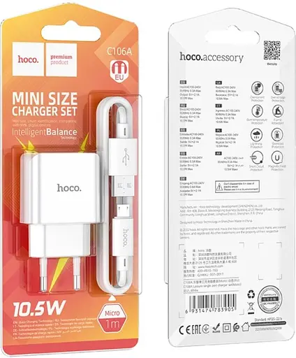 Универсальная зарядка для телефона Hoco C106A Leisur 10,5 Вт/2,1 А кабель MicroUSB 1 порт USB блок питания с проводом Белый - фото 8