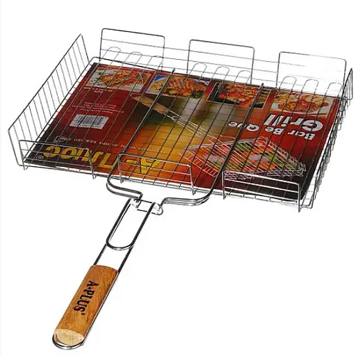 Большая решетка для гриля и барбекю с бортами A-PLUS 1895 42*32*7,5 с ручкой из дерева - фото 2