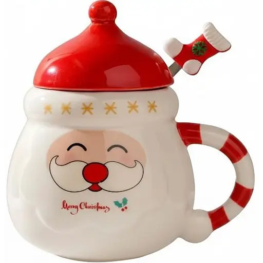 Новогодняя кружка Olens 102-1062 Кенди-Санта с крышкой и ложкой керамика 400 мл Красная - фото 1