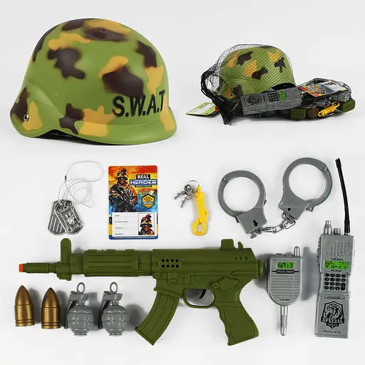 Набор военного 88364, каска, автомат, аксессуары, в сетке (6975321169597) - фото 1