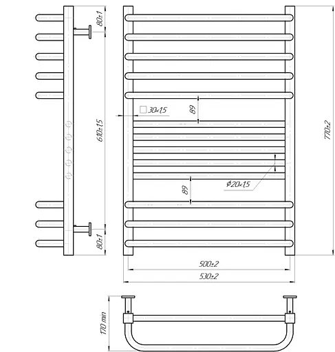 Водяна рушникосушка Mario Inox Гера-Люкс 770x530/500 1.7.044549.P, Хром, нижнее - фото 4