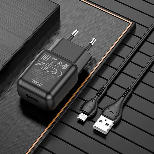 Набір зарядний Адаптер живлення мережевий Hoco C96A + кабель Micro USB set чорний - фото 6