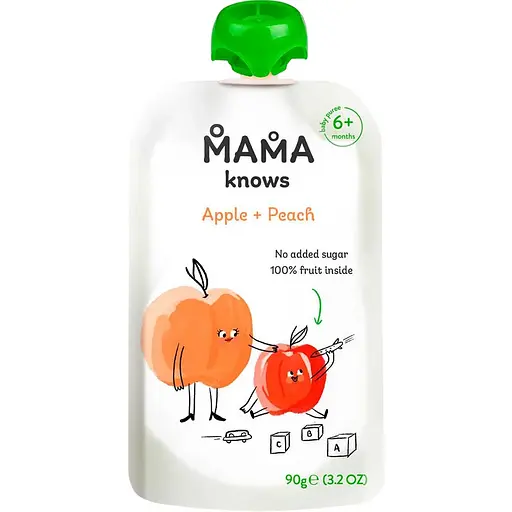 Упаковка пюре Mama knows Яблочно-персиковое без сахара 900 г (90 г х 10 шт.) - фото 2