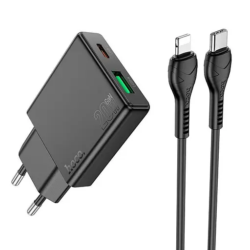 Адаптер сетевой HOCO Type-C для Lightning Delgado Dual Port Charger N38 |1USB/1Type-C, 20W/3A, PD/QC| - фото 1