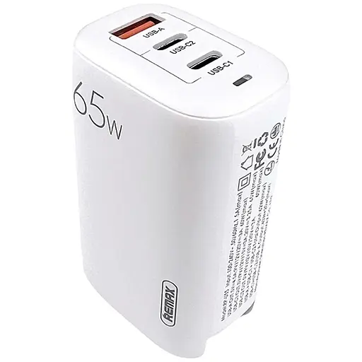 Зарядний адаптер швидка зарядка GaN 65W REMAX RP-U55 PD+QC 1xUSB-A 2xType-C EU Білий - фото 3