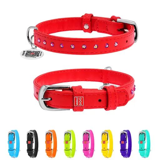 Ошейник для собак кожаный Waudog Glamour с QR-паспортом с клеевыми стразами Ш 15 мм Д 27-36 см красный - фото 2
