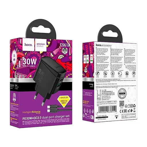Адаптер сетевой HOCO Type-C to Type-C Cable Bright charger set CS61A |1USB/1Type-C, 30W/3A| - фото 2