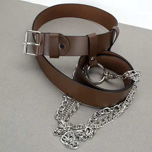 Ремень коричневый с цепочкой кожаный HC-4063 (120 см) - фото 3