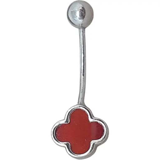 Серебряная серьга для пирсинга пупка Ирий Клевер с красным гранатом. 6026.4