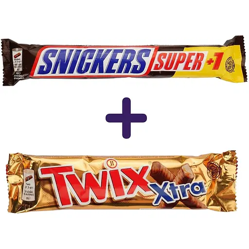 Набор: батончик Snickers Super +1 с арахисом 112 г + батончик Twix Xtra в молочном шоколаде 75 г
