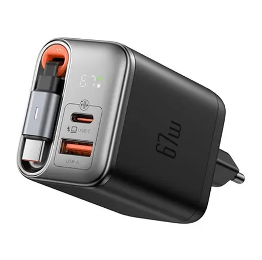 Мережевий зарядний пристрій McDodo 67W 1C+1A Digital Display GaN Charger Built-in 65cm retractable USB-C Cable(EU) Чорний - фото 2