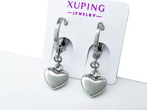 Сережки-кільця Xuping з підвіскою Серце гіпоалергенна прикраса для щоденного образу Сріблястий - фото 1