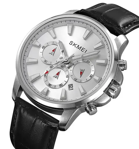Чоловічий наручний годинник Skmei 2071 з ремінцем з еко-шкіри (Сріблястий) - фото 2