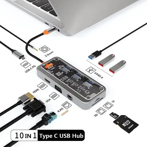 USB type C HUB 10 in 1 PD100W 4K 30 Гц RJ45 USB 3.0 10 Гб/с - фото 2
