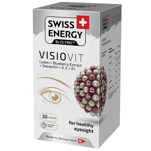 Поддержка зрения и здоровья глаз Swiss Energy Visiovit Lutein+ Blueberry+ Extract+ Zeaxanthin+ AE+ Zn витамины, минералы и каротиноиды 30 капсул - фото 2