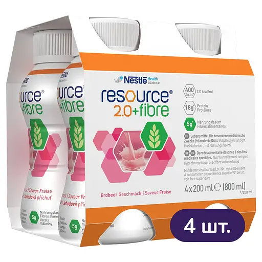 Набір ентеральне харчування Nestle Health Science Resource 2.0+Fibre зі смаком полуниці 3.2 л (4 уп. х 4 шт. х 200 мл) - фото 1