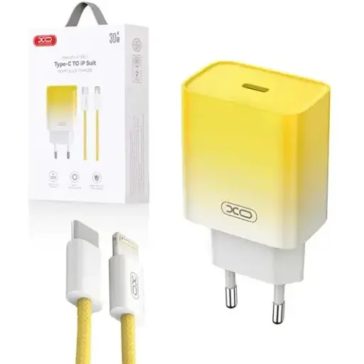Зарядний пристрій XO CE18 30W набір із кабелем Type-C Lightning жовтий - фото 1